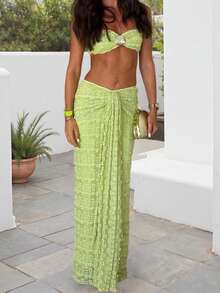 Women Summer Outfits Cute Shells Crop Bandeau Tops and Elastic Tie Front Skirt Set for Streetwear Aesthetic Clothes - Verde - Ver 2