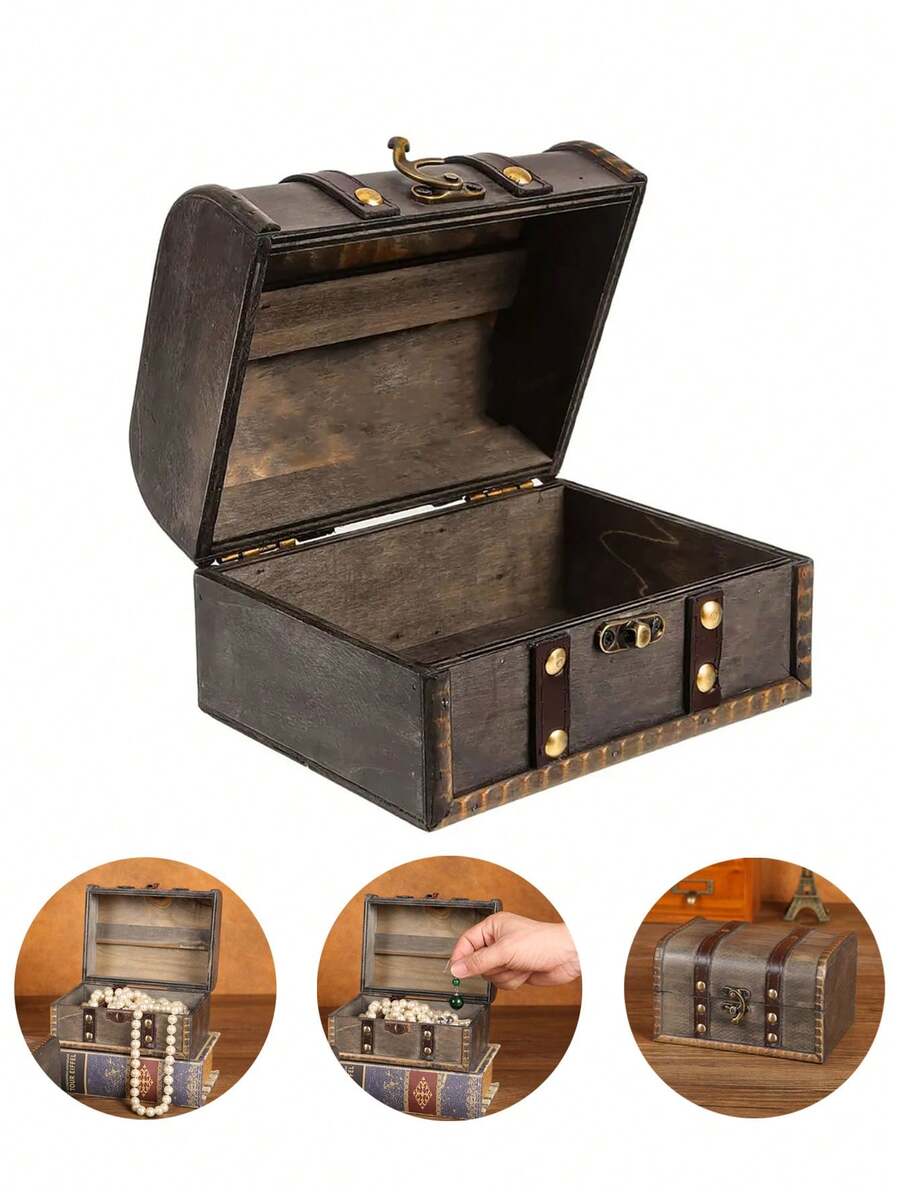 1pc Vintage Wooden Jewelry Box, Treasure Chest Storage Box, Wooden Jewelry Case With Lock, Decorative Container, Home Decor, Kitchen Accessory, Bathroom Decor, Bedroom Decor For Women Storage Organizer Travel Essentials Back To School Dormitory Storage Fall Decor - Multicolor - View 1