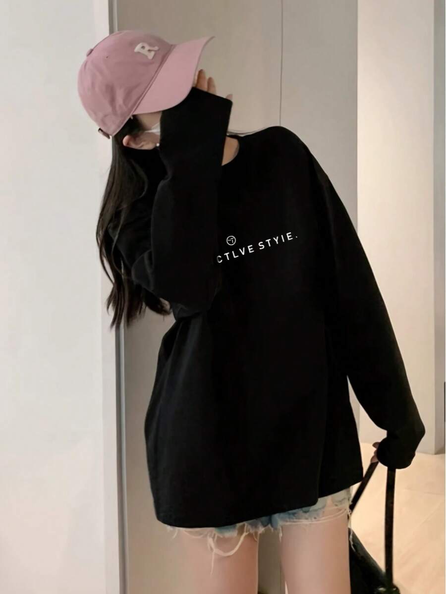 220g Cotton Long Sleeve T-Shirt, Round Collar Casual Long Sleeve Long Sleeve Casual Holiday Floral T-Shirt Round Collar Couple Wear Y2K Fashion Print - 黑色 - 查看 1