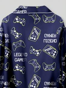 2 件套青少年男孩电子游戏印花中式立领长袖纽扣上衣和裤子休闲睡衣套装 - 彩色 - 查看 7