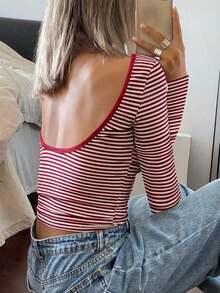 Vaiaye Women's Sexy Backless Striped Knit Long Sleeve Top, Backless Round Neck Casual T-Shirt, Suitable For Work Commute In Spring And Summer - Red - View 8
