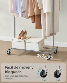 Burro Ropa con Ruedas, Perchero Burro Extensible con Carga Pesada, Capacidad de Carga Máx. de 100 kg, Fácil de Montar, Portátil, Gris Paloma,Vuelta al Cole - Gris - Ver 2