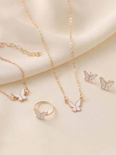 5 件优雅蝴蝶吊坠耳环手链戒指和项链套装，适合女孩日常佩戴、派对和活动的最佳礼物