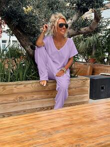 一件纯色针织连体裤，带口袋，适合度假、日常穿着、生日派对、返校派对、单身派对、旅行、夏季等场合，优雅时尚。 - 淡紫色 - 查看 4