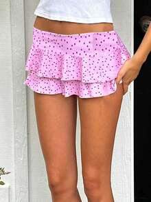 Layered Ruffle Mini Skirt For Women Summer Y2K Dots/Stripe/Heart Print/Solid Color Low Rise A-Line Tiered Short Skirts Party Club Beach Boho Skater Skirts - 淡紫色 - 查看 4