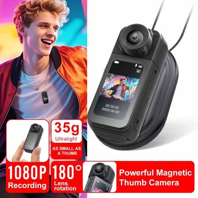 Digital Mini Camera Lightweight Thumb Camera 180° Rotating Lens, 128GB 64GB 32GB 35g 2.7K HD Video Small Spy Go Pro Sports Photo Action Cam, Body Video Hidden Photographic Subminiature Recording Bodycam, Camcorder, Cameras For Photography Hands-Free Multi-Scene Recording & Magnetic Anti-Loss Design