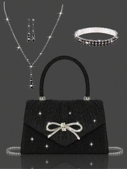 Bolso de noche elegante y brillante para mujer con mini lazo, set de 3 piezas con joyería de cristales brillantes, bolso de solapa plisado de unicolor simple y de moda, adecuado para fiestas, bailes, reuniones, banquetes y bodas. Es el mejor regalo para Año Nuevo.