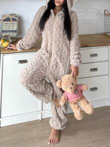 1pc Women's Hooded Fluffy Jumpsuit With Ears, Heart Pattern, Solid Color, Cute, Comfortable, Warm, Suitable For Autumn/Winter, Cozy Outfits - Camel - View 8