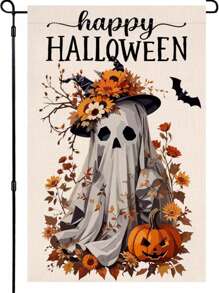 1 pieza - Bandera de jardín vertical de poliéster en NEGRO y BLANCO para Halloween - Diseño de fantasma y calabaza floral, decoración exterior gótica de otoño, bandera impermeable para el porche espeluznante y la decoración de otoño