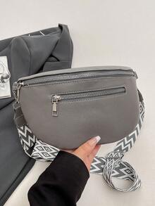 女士纯色PU皮腰包复古时尚胸包腋下包春夏新款休闲单肩斜挎小包百搭简约胸包 - 灰色 - 查看 1