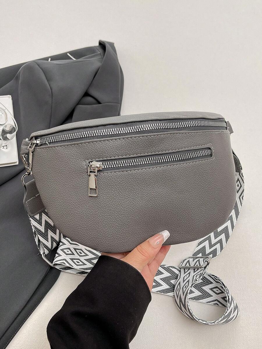 女士纯色PU皮腰包复古时尚胸包腋下包春夏新款休闲单肩斜挎小包百搭简约胸包 - 灰色 - 查看 1