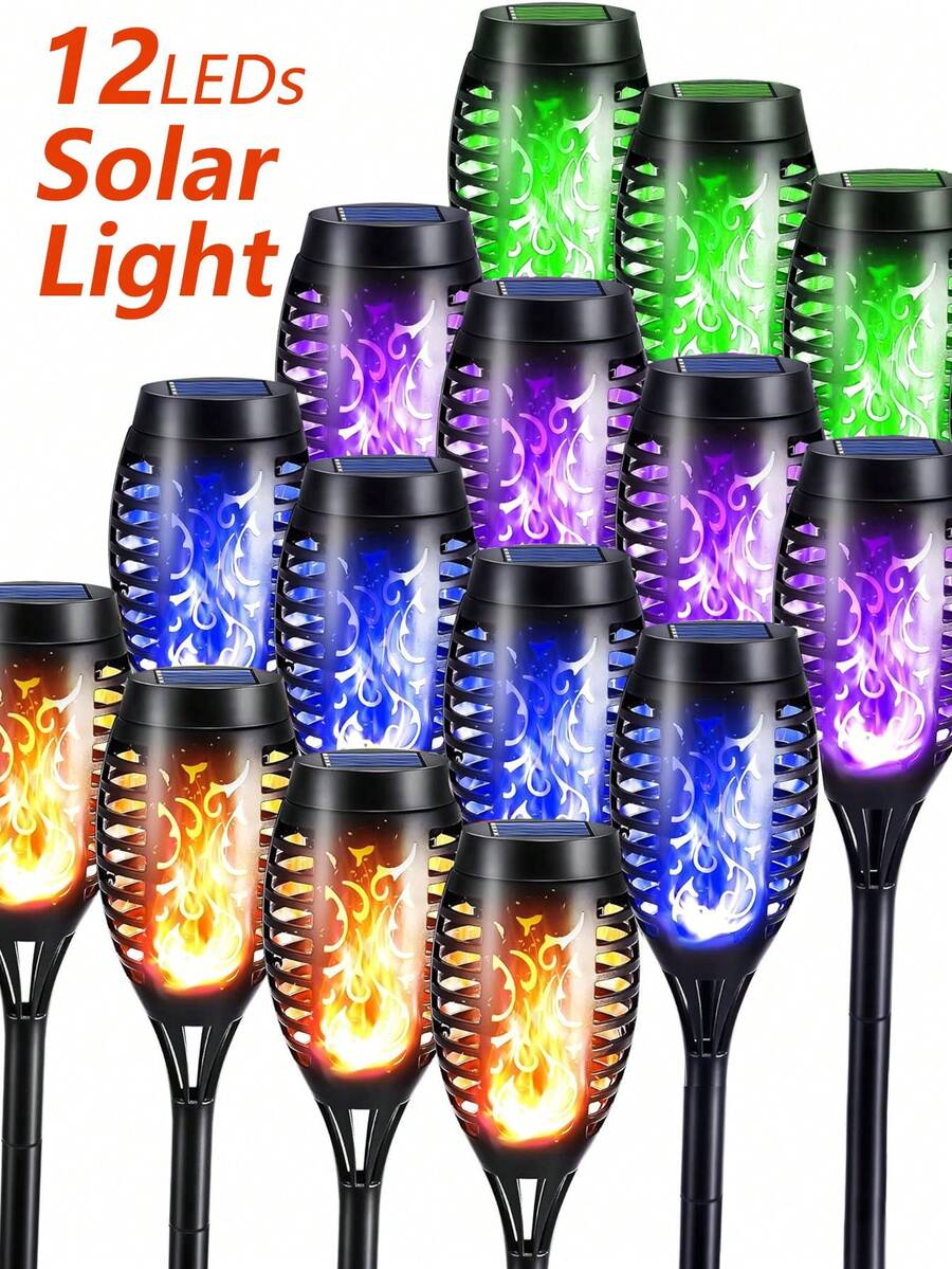 Solar 12LED Flame Torch Light With Flickering Flame Solar Tiki Torch Light-Automatic On/Off Perfect For Garden Path And Outdoor Landscape Pathway Lighting Courtyard And Garden Halloween Decoration (Green) (Purple) (Blue) (Flame Color) Suitable For Various Holiday Decorations For Thanksgiving And Easter Halloween Decorations Lights,6/4/2/1pc - Multicolor - View 1