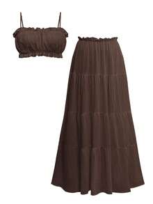 Look Polly Women's 2-Piece Set, Solid Color Strapless Camisole Top And Long Skirt, Women's Back To School Outfit, Autumn Casual Wear, Suitable For Church, Vacation, Concerts, Bohemian Style Vacation Set, Brown Top Paired With Brown Skirt, Elegant Women's Beach Outfit - Brown - View 5
