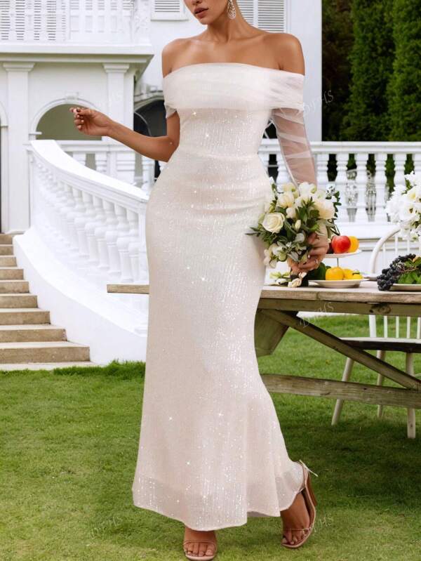White Elegant Sequined Chiffon Maxi Dress, Suitable As Bridesmaid Dress