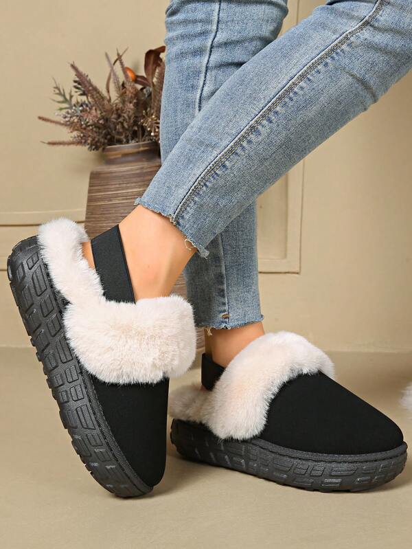 Thick Sole Fluffy Slippers, Comfortable Non-Slip Flat Indoor/Outdoor Couple Slippers, Warm Plush Cuff, Platform, Suitable For Home Use, Winter