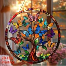 2D Flat Tree Of Life Butterfly Suncatcher - 8"X8" Stained Glass Style Acrylic Window Decoration, Modern Garden/Door Wall Art Decoration, Unique Gift For Friends, Parents, Grandparents, Exquisite Detail Design, Home Decoration, Exclusive For Interior Designers, Colorful Butterfly Pendant - 彩色 - 查看 2