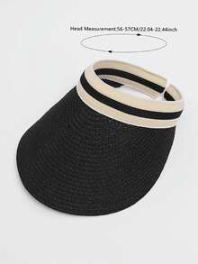 1pc Pure Black Outdoor Beach Sun Protective French Style Straw Hat, Suitable For Vacation And Travel - Black - View 3