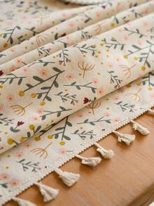 1pc Floral Printed Tablecloth, Rectangular Tablecloth With Tassels, Farmhouse Style, Suitable For Home, Kitchen, Dining Room, Camping, Parties, Outdoor Use, Spring/Summer Decor - Multicolor - View 2