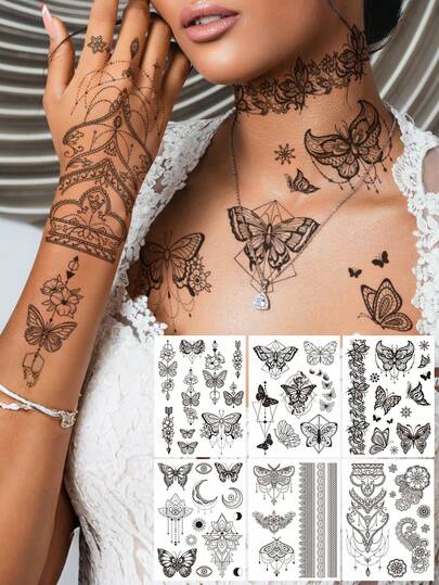 STARTTOOS 2 件/3 件/4 件黑白蕾丝指甲花、蝴蝶、新月和流苏图案临时防水人体艺术纹身贴纸，适合日常、派对、节日礼物、手腕、肩膀、颈部、锁骨