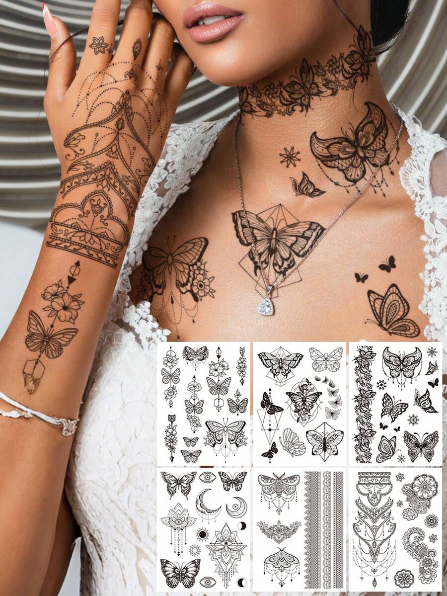 STARTTOOS 2 件/3 件/4 件黑白蕾丝指甲花、蝴蝶、新月和流苏图案临时防水人体艺术纹身贴纸，适合日常、派对、节日礼物、手腕、肩膀、颈部、锁骨 - 黑色 - 查看 1