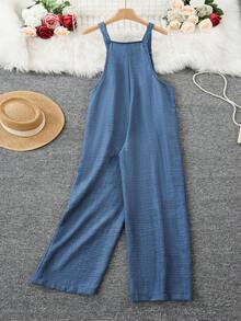 1件大码女式纯色梭织面料纽扣口袋连体裤，适合度假、日常穿着、生日派对、同学聚会、旅行、四季皆宜，牛仔效果，春假必备 - 藍色 - 查看 5