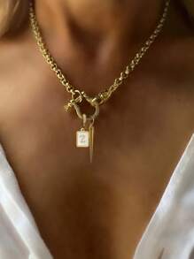 STYLEVER 1PC A-Z Initial Letter Chain,Full Diamond Horseshoe Buckle,Square Smooth Letter Charm Pendant,Stainless Steel Chain,For Celebrating Holiday And Daily,Unique And Exquisite Style