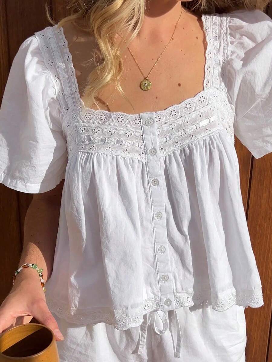 Women Lace Trim Cardigan Shirt Short Sleeve Button Down Ruffle Hem Blouse Summer Boho Tops Y2K Vintage Going Out Tops - White - View 1
