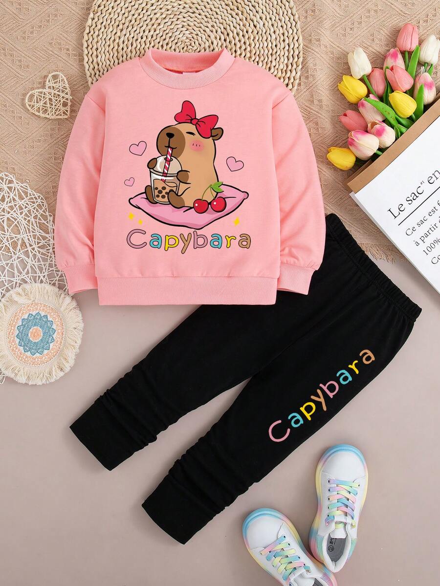 Young Girl Cartoon Print Crew Neck Sweatshirt And Leggings Set - Pink - View 1