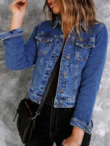 Women's Blue Button Front Pocket Detail Denim Jacket Casual Street Spring - Blue - View 4