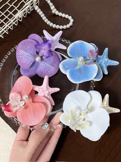 4pcs Elegant Personalized Sweet Starfish Shell Simulated Orchid Seaside Resort Style Clip Hairpins, Versatile Hair Clips For Women, Hair Accessories, Head Accessories, Hair Accessories For Women
