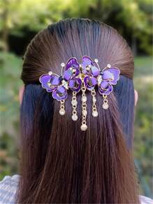 1pc Multi-Color Women's Rhinestone Fashionable Double Butterfly Spring Clip Fixed Ponytail Decoration Headwear Can Be Given As A Gift, Claw Clips, Hair Claws, Clips For Hair, Hair Slide, Hair Barrettes - Purple - View 1