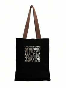 1 件黑色字母印花女士手提包，敞口帆布单肩包，适合学生、大学、高中的简单手提包，可容纳笔记本、文件、旅行 - 黑色 - 查看 2