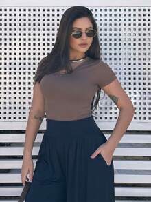 Baby Look Feminine Low-Cut Fernanda T-Shirt Basic Blouse V Fernanda - Rỉ Nâu - Xem 6