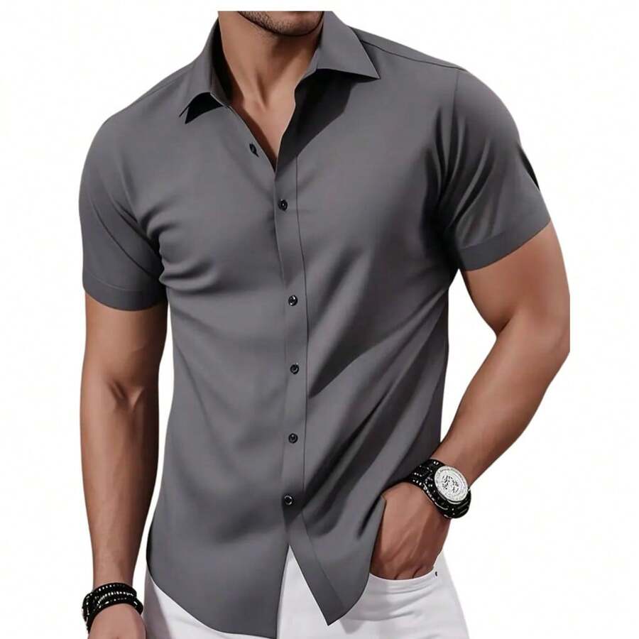 Men's Slim Dress Shirt With Elastane - Wrinkle-Free And Fits Perfectly - Màu xám đen - Xem 1