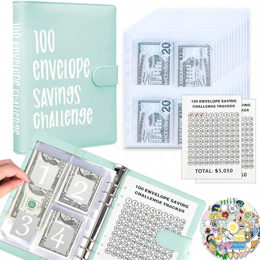KKC 100 Envelopes Money Saving Challenge Binder, A5 Budget Binder With Cash Envelopes, Savings Challenges Book To Save $5,050, 10,000, 500, Budget Planner For Budgeting Planner Saving Money. - 藍色 - 查看 1