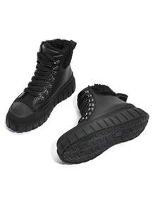 秋冬黑色保暖内衬纯色系带厚底枪灰色鞋眼金属装饰高帮保暖女鞋，百搭休闲时尚冬季户外踝靴，欧美摩托车风格