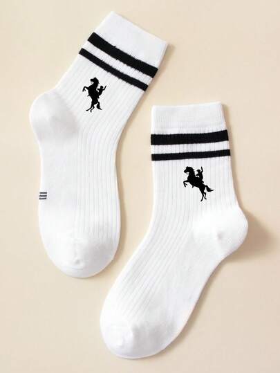 1 双儿童四季纯色双杠学生袜子，印有骑士图案，简约休闲，百搭返校