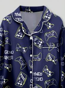 2 件套青少年男孩电子游戏印花中式立领长袖纽扣上衣和裤子休闲睡衣套装 - 彩色 - 查看 5