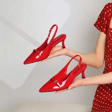 Red Kitten Heels For Women Slingback Low Heels Pointed Closed Toe Pumps With Buckle Women's Pumps Shoes - 紅色 - 查看 8