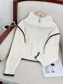 Half-Zip High Neck Patchwork Knit Sweater, Loose Design Casual Pullover Top - White - View 3