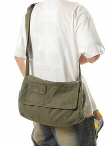1pc Military Green Vintage Minimalist Flap Shoulder Bag, Thick Washed Canvas Casual Versatile Large Capacity Messenger Bag, American College Style, Suitable For School, Short Trip, Simple Street Bag - Army Green - View 7