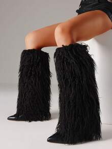 Y2K Style EdgyElongate Women's Winter Furry Snow Boots Women's Knee High Boots Faux Fur Shoes Pointy Toe Chunky Heel Cowboy Fashion Warm Fluffy Shoes - 黑色 - 查看 11
