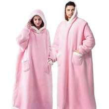 2 件成人可穿戴毛毯连帽衫，超大口袋可穿戴睡衣，厚实保暖可穿戴连帽运动衫毛毯，柔软毛绒连帽运动衫流行上衣均码，圣诞节、新年送给朋友、家人的绝佳礼物 - 純色毛邊 - 查看 4