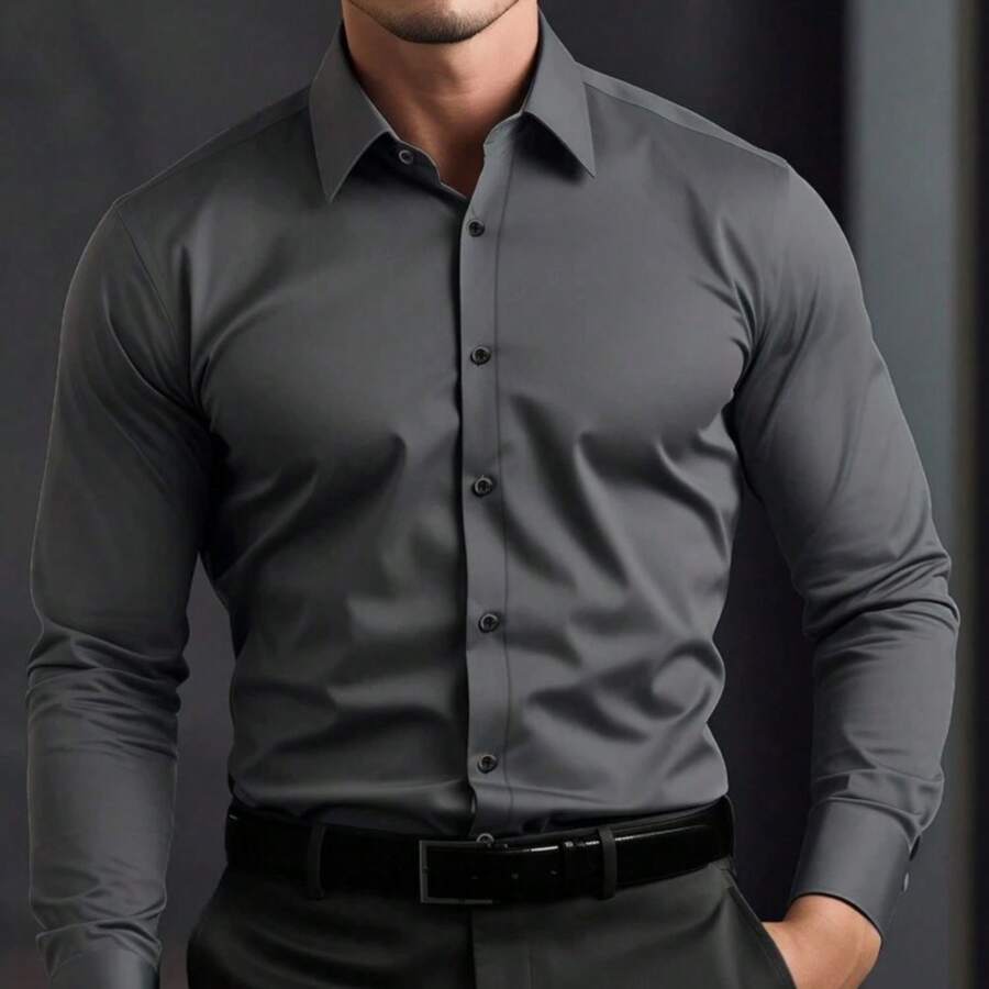 Men's Long Sleeve Slim Dress Shirt, Wrinkle-Free Elastane Fabric - 深灰色 - 查看 1