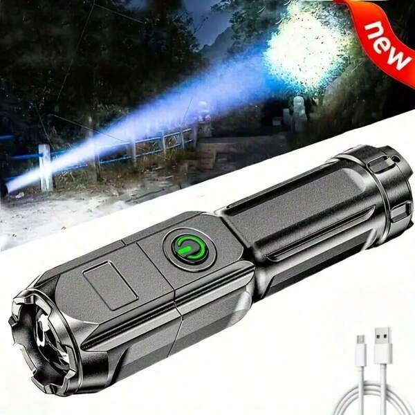 1PC Portable Super Bright Zoom Flashlight, Rechargeable Long-Beam ABS Strong Light Dimming Flashlight, Outdoor Telescopic Zoom Flashlight ABS Material