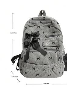 Fashionable Bow Print Large Capacity Backpack, Cute Bow Backpack , Bow , Kawaii - Grey - View 5