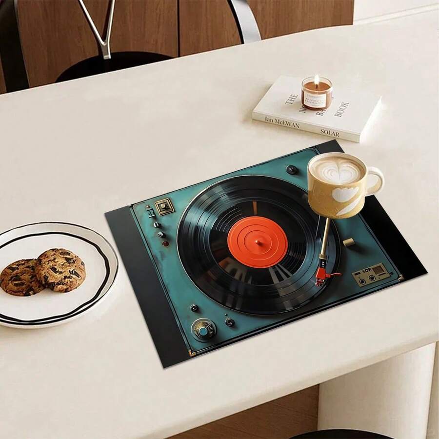 1/4/6/90pcs Set Vintage Turntable & Vinyl Record Printed Placemats, Woven Polyester Rectangular Tablemats, Hand Wash Only, Kitchen & Home Decor, Indoor/Outdoor Dining Decoration