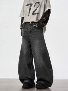 1 件休闲高街宽松做旧阔腿男式牛仔裤，emo 风格，垃圾摇滚