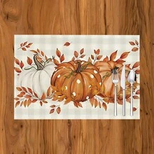 1 pieza/4 piezas/6 piezas Manteles individuales de lino con estampado de calabaza, decoración de Acción de Gracias, adecuados para mesa de comedor, todo el año, manteles de mesa modernos lavables, decoración del hogar, manteles individuales, posavasos, alfombrillas de cocina y comedor, decoraciones de fiesta interior y exterior, regalo ideal