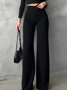 Pantalones rectos casuales y elegantes para mujer, un elemento esencial para volver a la escuela. La cintura asimétrica en V acentúa las curvas, adecuado para uso diario, oficina, citas, vacaciones y talla grande. - Negro - Ver 1